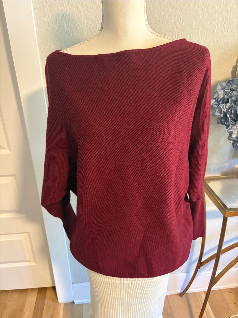 Off-the-Shoulder Knit Sweater in Burgundy